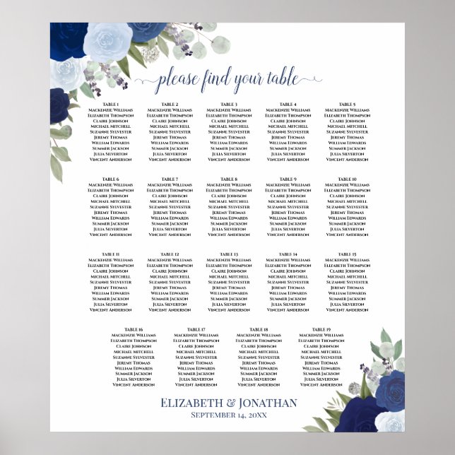 19 Bord Dusty Blue & Navy Blommigt Seating Chart Poster (Framsidan)