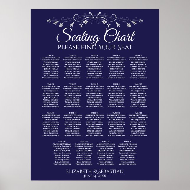 19 Bord Elegant: Blått säte för Bröllop Poster (Framsidan)