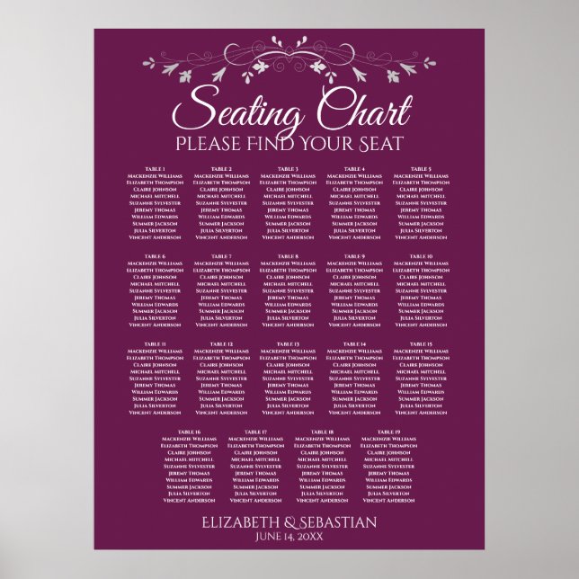 19 Bord Elegant Cassis Bröllop Sittplatsdiagram Poster (Framsidan)