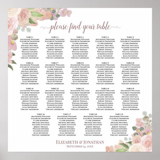 19 Bord Elegant Rosa Blommig Bröllopsplatskarta Poster (Framsidan)