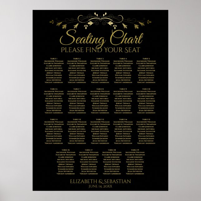 19 Bord Elegant, sätesdiagram för svart Bröllop i  Poster (Framsidan)