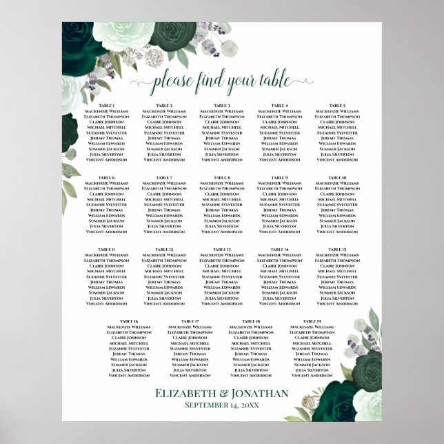 19 Bord Emerald Blommig Chic Bröllopsplatskarta Poster (Framsidan)