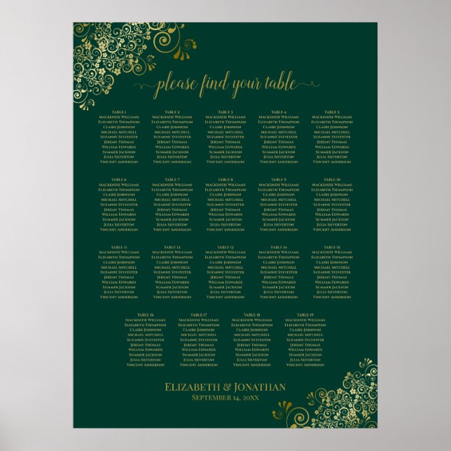 19 Bord Emerald Grönt Guld Bröllop Poster (Framsidan)