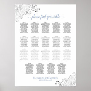 19 Bord frilly Bröllop-sittplatsplan vit och blå Poster