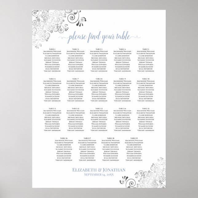 19 Bord frilly Bröllop-sittplatsplan vit och blå Poster (Framsidan)