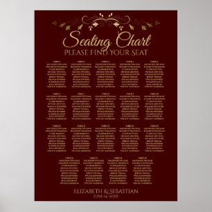 19 Bord Guld och Auburn Brun Bröllop-sätesdiagram Poster