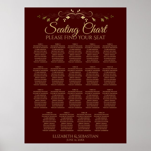 19 Bord Guld och Auburn Brun Bröllop-sätesdiagram Poster (Framsidan)