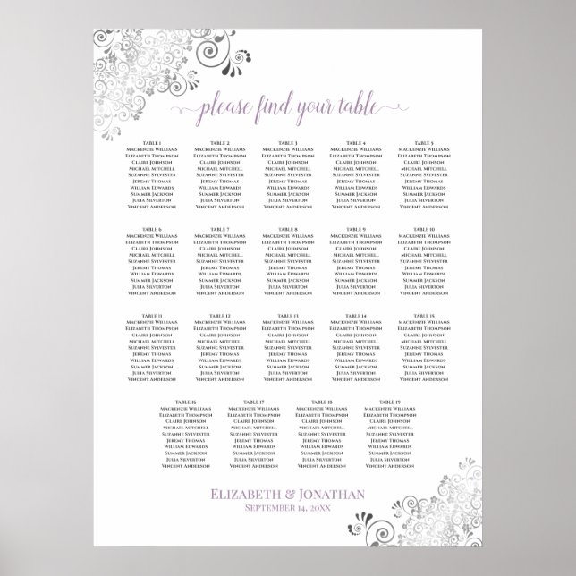 19 Bord Lacy Bröllop Seating Chart White Lavender Poster (Framsidan)