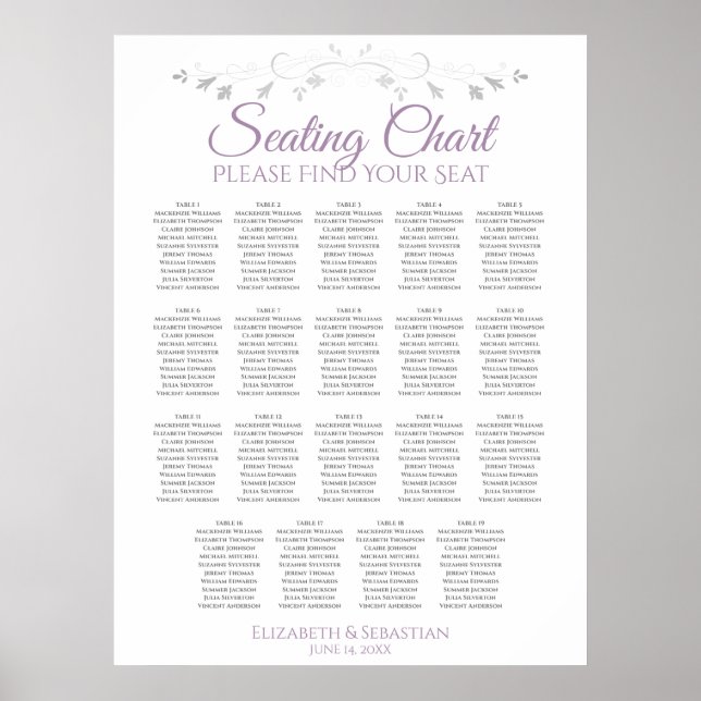 19 Bord Lavender on White Bröllop Seating Chart Poster (Framsidan)