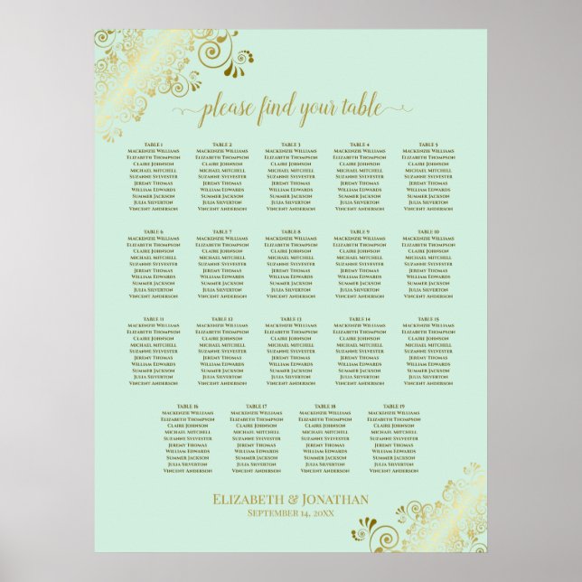 19 Bord Mint Grönt och sätesdiagram för Guld Bröll Poster (Framsidan)