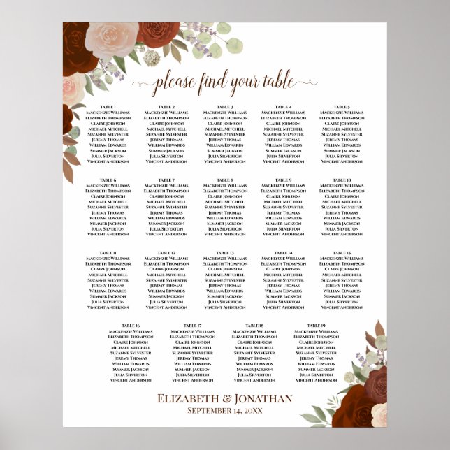 19 Bord Orange Höst Blommig Bröllopsplatskarta Poster (Framsidan)
