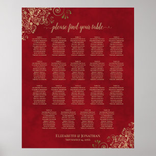 19 Bord Red & Guld Frills Bröllop Seatdiagram Poster