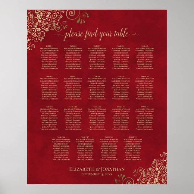 19 Bord Red & Guld Frills Bröllop Seatdiagram Poster (Framsidan)