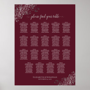 19 Bord Silver på sätesschemat för Burgundy Bröllo Poster