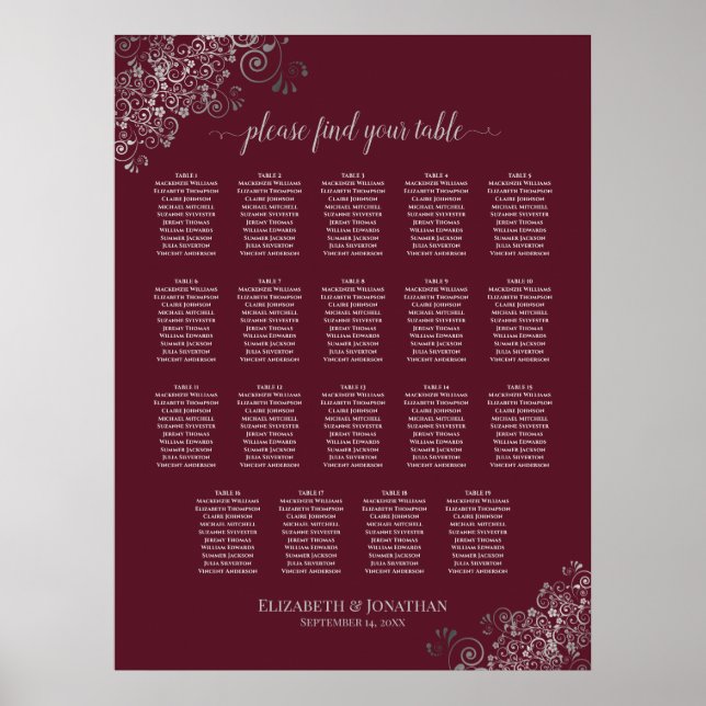 19 Bord Silver på sätesschemat för Burgundy Bröllo Poster (Framsidan)