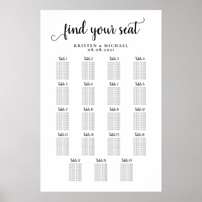 19 Bord Stor Bröllopsgästernas Sittplatsschema Poster (Framsidan)