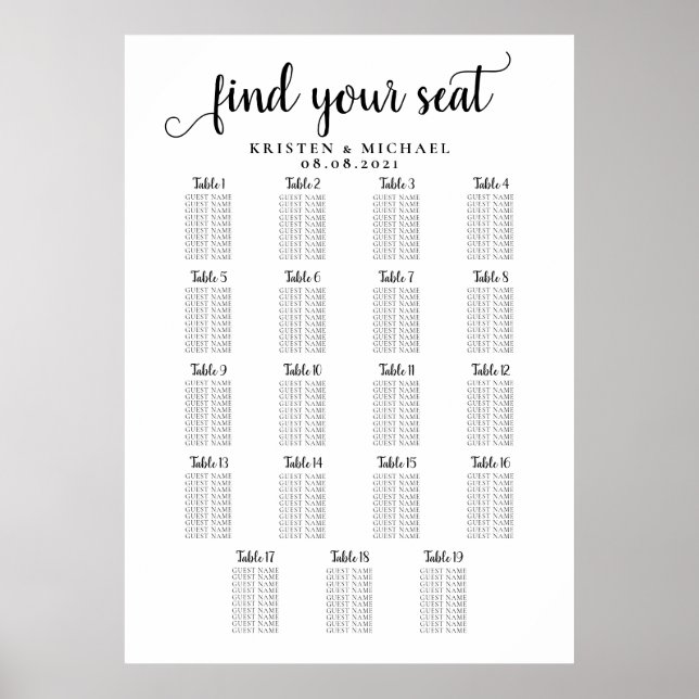 19 Bord Stor Bröllopsgästernas Sittplatsschema Poster (Framsidan)