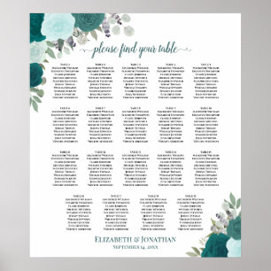 19 Bord Teal & Aqua Blommigt Bröllop Sittplatsdiag Poster