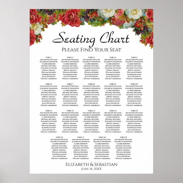 19 Bord Vintage, sätesdiagram för Blommigt Bröllop Poster (Framsidan)