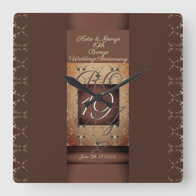 19:e Bröllop-årsdagen Mörk Bronze Färg Fyrkantig Klocka (Framsida)