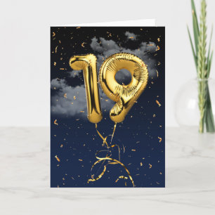 19:e födelsedag Guld Mylar Balloon and Confetti Ca Kort