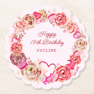 19:e födelsedag Rosa ros Swirly Heart Underlägg Papper
