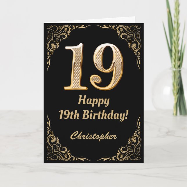 19:e födelsedag Svarta och Guld Glitter Ram Kort (Framsida)