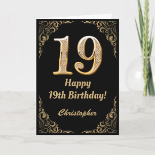19:e födelsedag Svarta och Guld Glitter Ram Kort