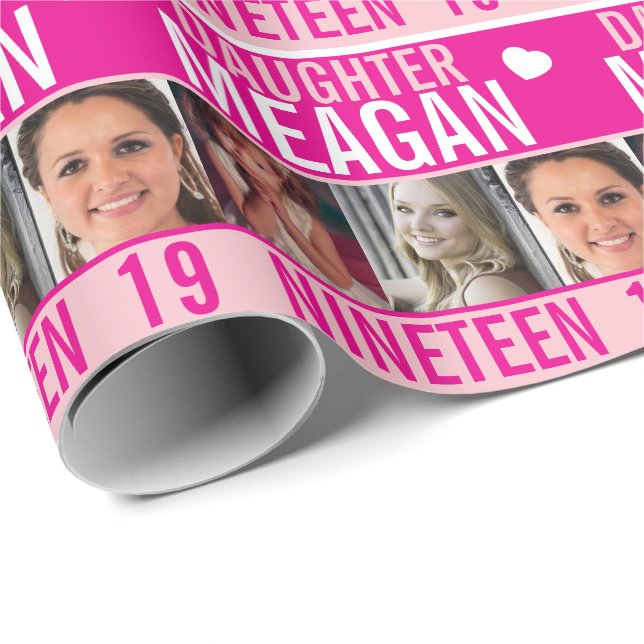 19:e födelsedag tre foto rosa dotters inslagning presentpapper (Rullad Hörn)