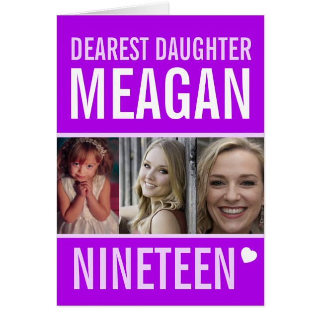 19:e födelsedag tre foton lila Dotter OBS Kort (Framsidan)