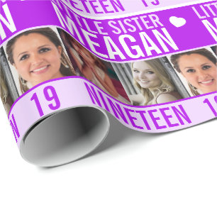 19:e födelsedag tre foton lila lillasyster presentpapper