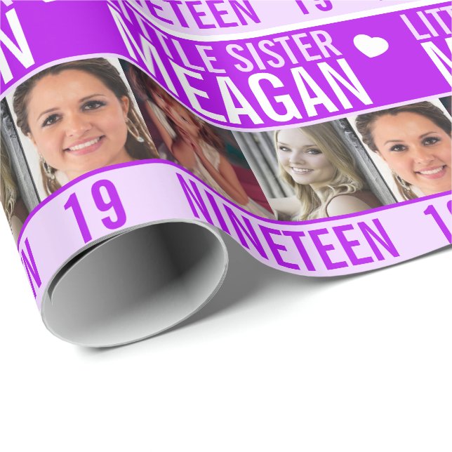 19:e födelsedag tre foton lila lillasyster presentpapper (Rullad Hörn)