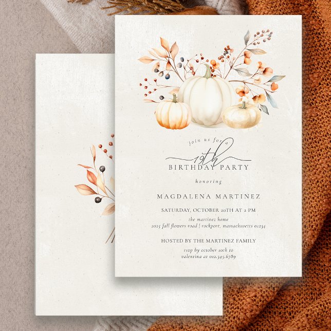 19:e födelsedag Vita Pumpkin Höst löv Elegant Inbjudningar (Skapare uppladdad)