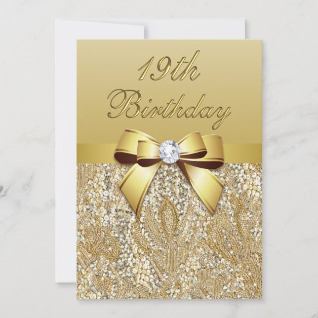 19:e födelsedagen Guld Faux Sequins och Bow Inbjudningar (Framsida)