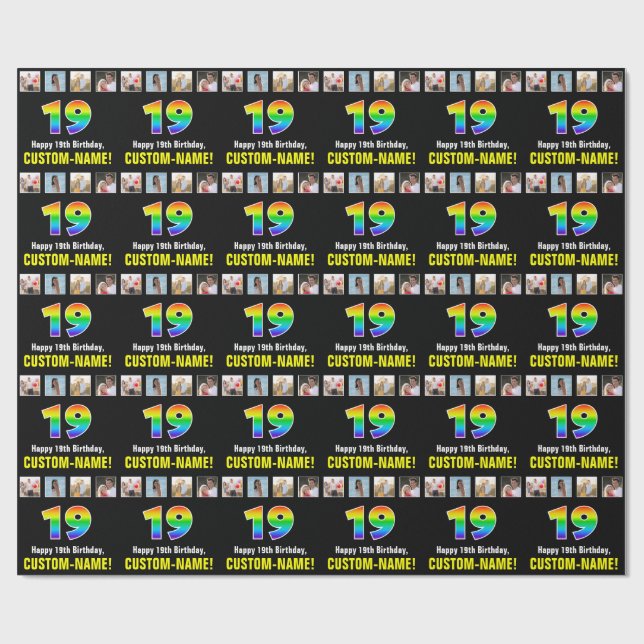 19:e födelsedagen: Regnbåge "19"; Anpassningsbar F Presentpapper (Platt)