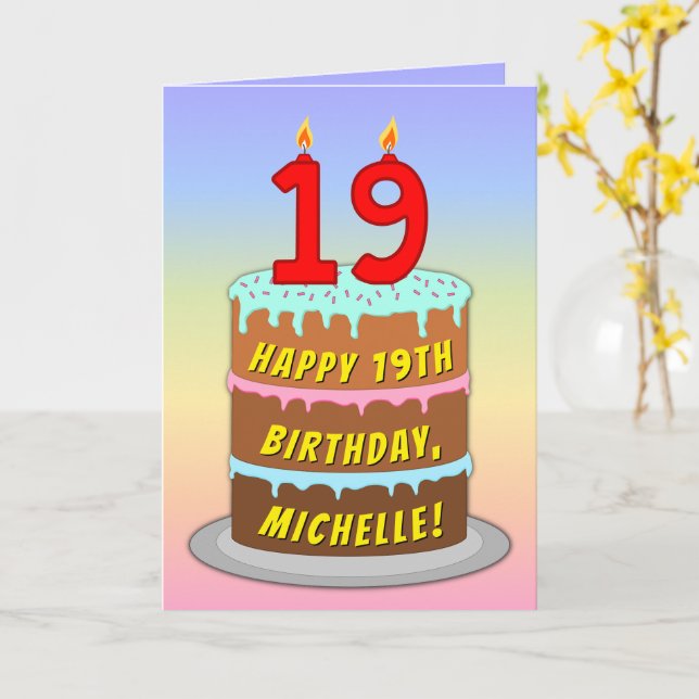 19:e födelsedagen - Roligt Cake & Candles, med ege Kort (Gul blomma)