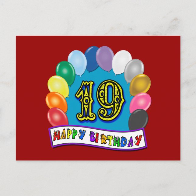 19:e födelsedagsgåvor med assorterad ballonger vykort (Framsida)