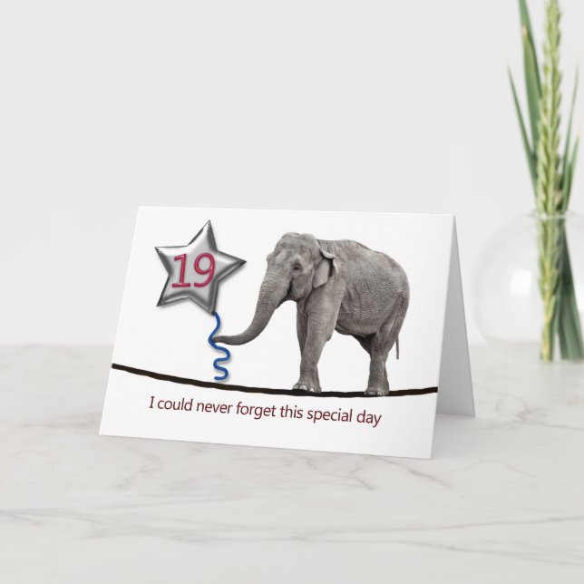 19:e födelsedagskort med sluttande elefant kort (Framsida)