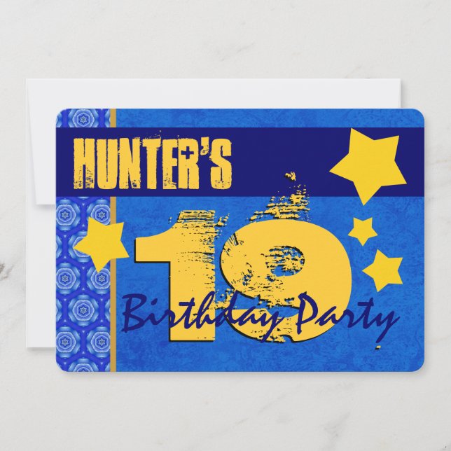 19:e födelsedagsmodern för hans blått och Guld W13 Inbjudningar (Framsida)
