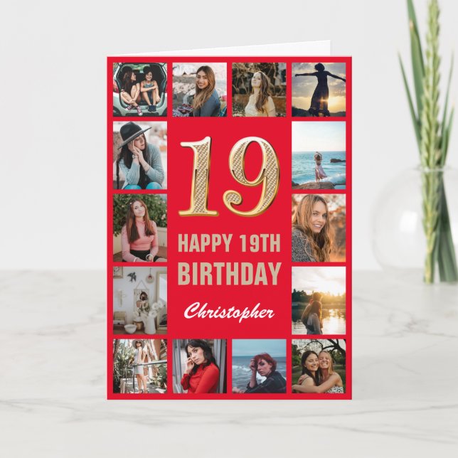 19:e Grattis på födelsedagen Red and Guld Photo Co Kort (Framsida)