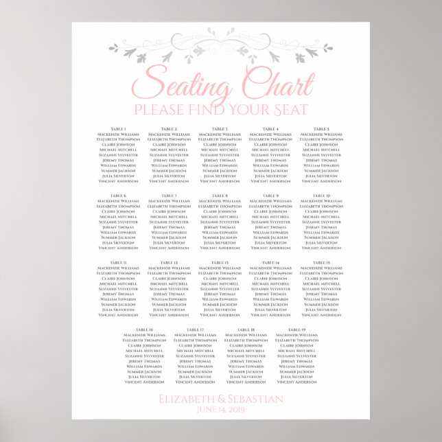 19 Sätesdiagram för Rosa och Grått Bröllop Poster (Framsidan)