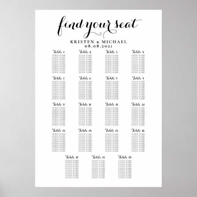 19 Stort Bröllop-gästdiagram för stora Bord Poster (Framsidan)