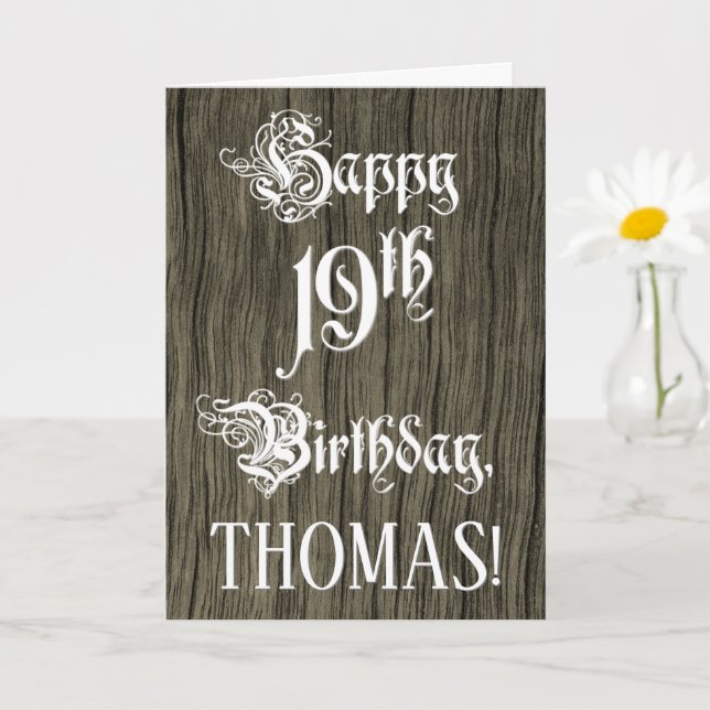 19th Birthday: Fancy, Elegant Text; Faux Wood Look Kort (Liten växt)