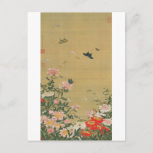 1. 芍薬群蝶図, 若冲blomma och fjäril, Jakuchu Vykort