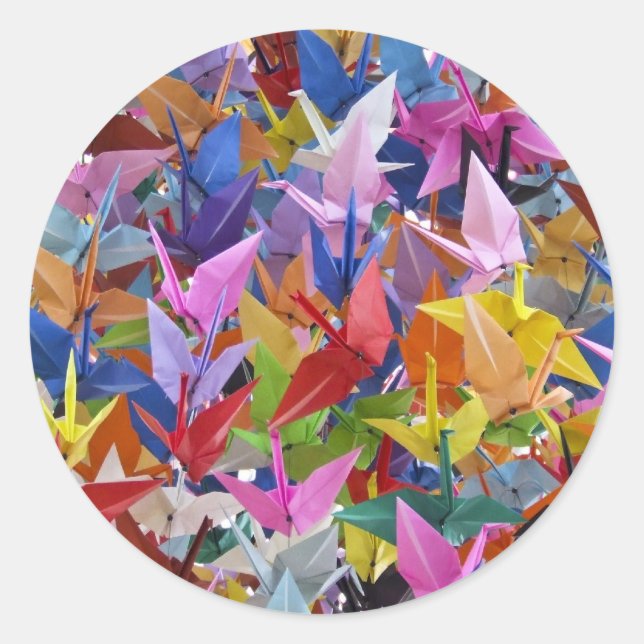 1 000 Origami Pappra Cranes-foto Runt Klistermärke (Framsida)