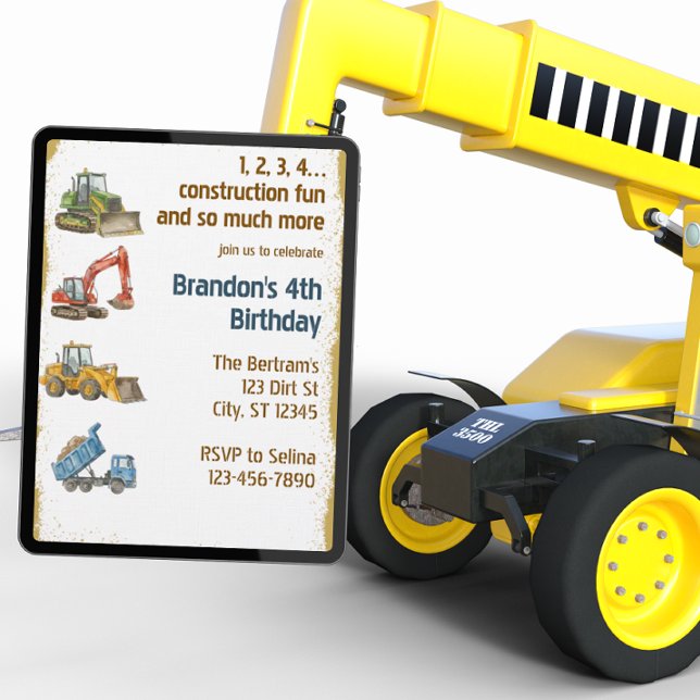 1,2,3,4 Construction Fun, 4th Birthday Inbjudningar (Skapare uppladdad)