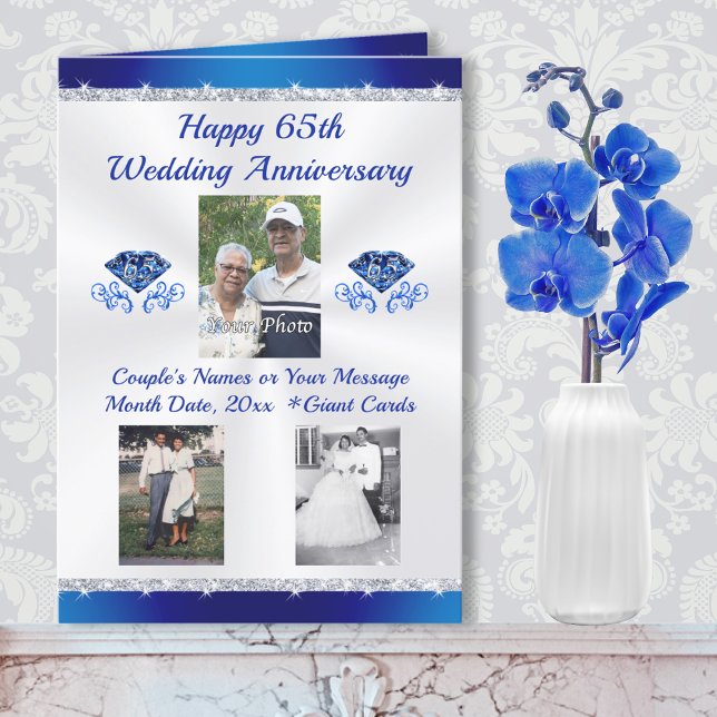 1, 2 eller 3 PHOTO, Bröllop-årskort i 65e Kort (Blue Sapphire 65th Wedding Anniversary Cards. 65th wedding anniversary cards for mum and dad.)