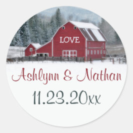 1,5-tums Red Barn in Winter Wedding Favor Sticker Runt Klistermärke