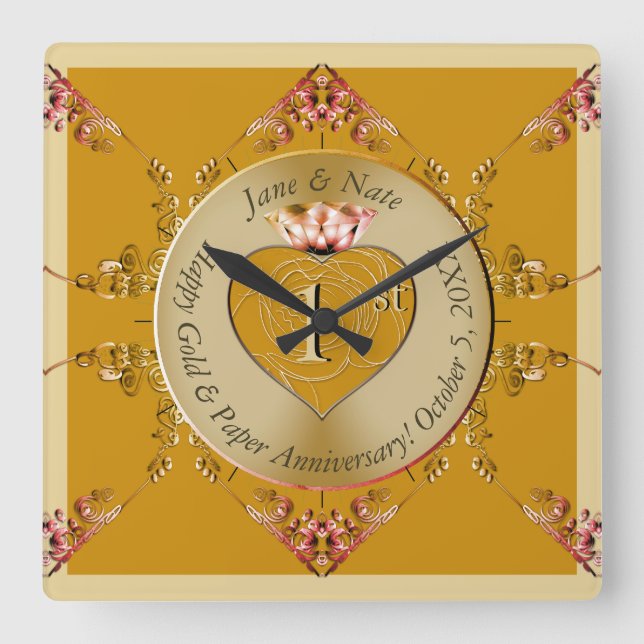1:a/50:e Golden Ochre Wall Clock Fyrkantig Klocka (Framsida)