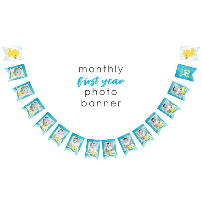 1:a året månatlig fotopatfärgsbanderoll Anka Vimplar (Watercolor Rubber Duck Monthly Photo 1st Year Hanging Banner : Blue Yellow White Boy)